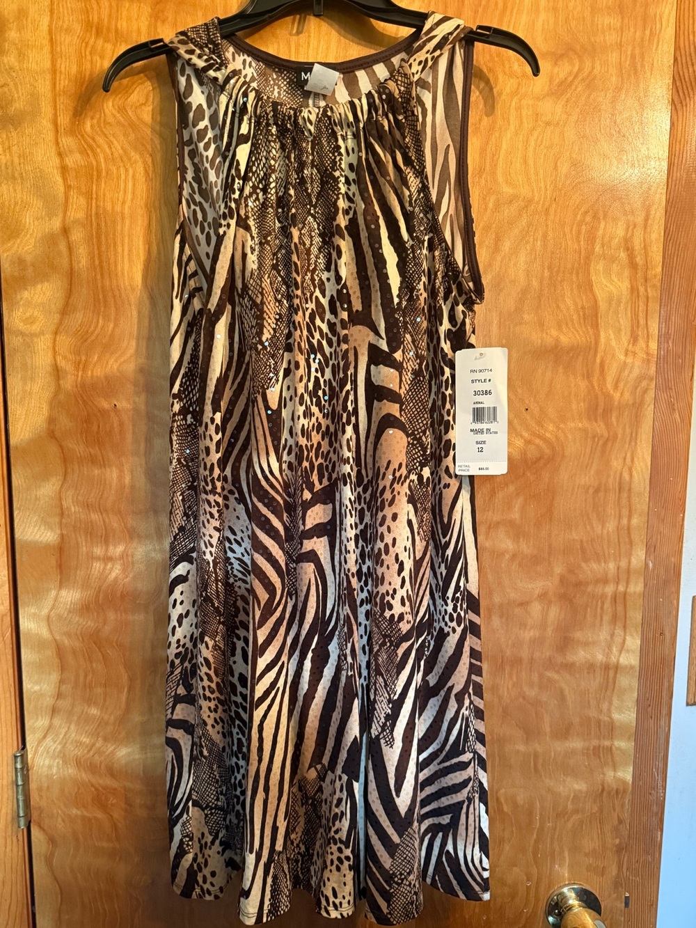 Sleeveless Animal Print sequined Swing Dress - Neutral Tones Womens size 12 NWT